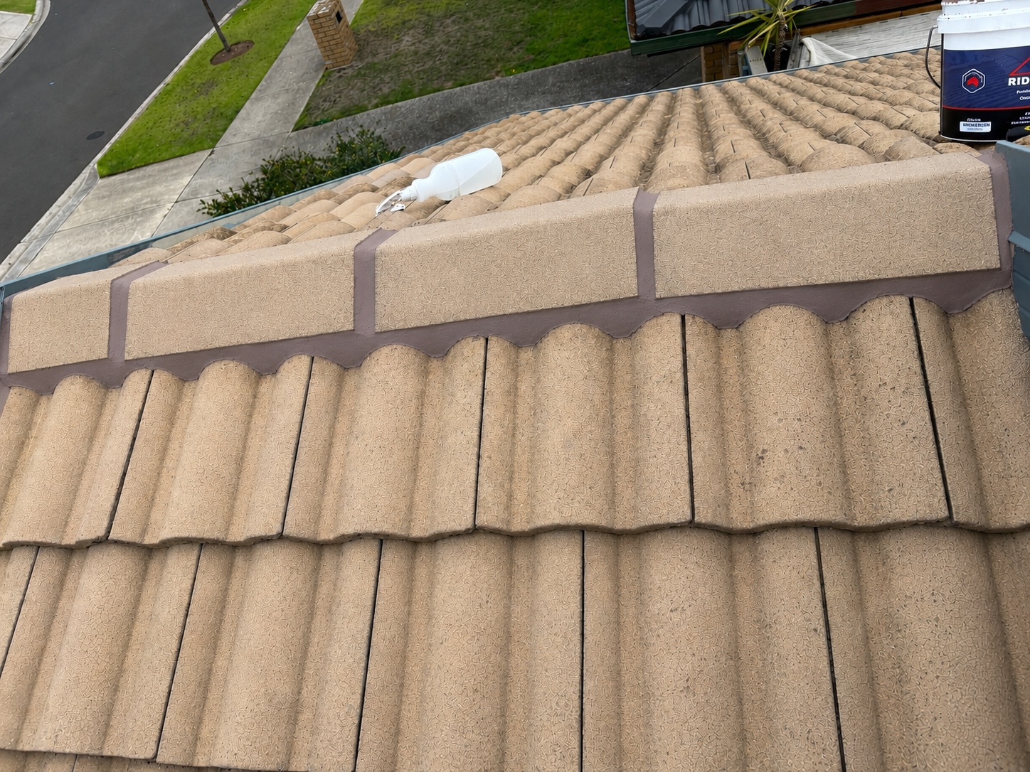 Freshly repointed tiled roof ridge