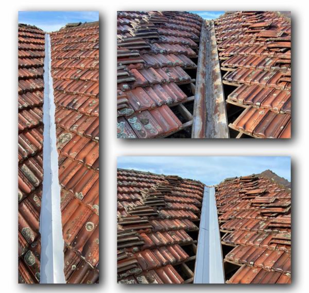New metal roof valley installed between tiled roofs